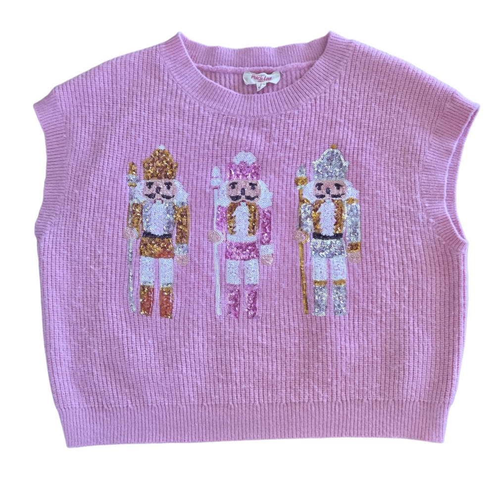 Peach Love California Sequin Nutcracker Sweater Vest Pink Sparkly Holiday Bling - Picture 3 of 16